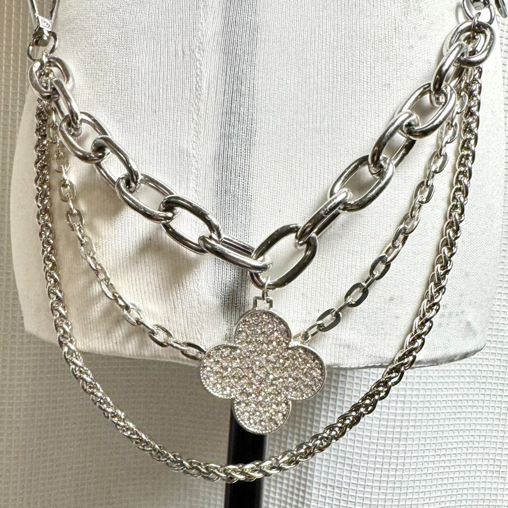 Wallet Chain Womens Layered Silver Tone Pave Clover Purse Bag Pants 3 Chains